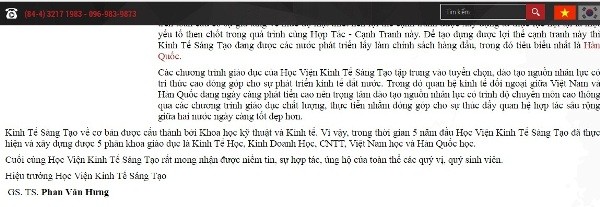Chức danh Giáo sư mà ông Phan Văn Hưng tự nhận vẫn chưa được gỡ bỏ (ảnh Trinh Phúc chụp màn hình website).