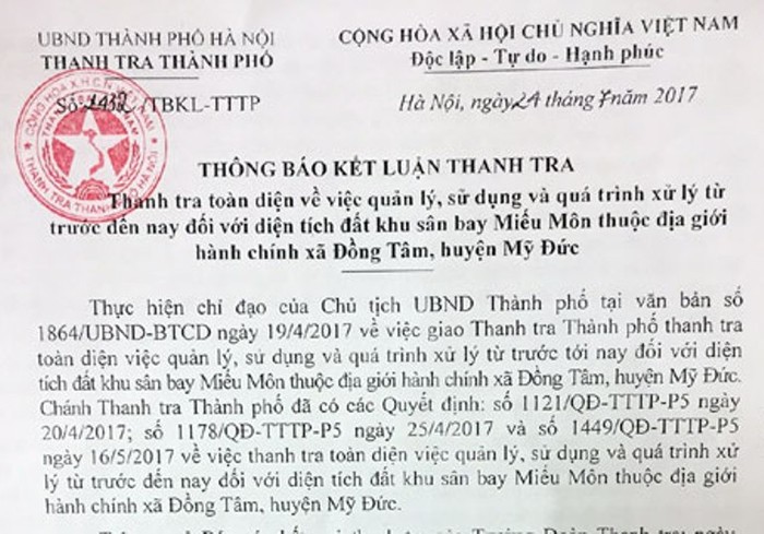 Kết luận thanh tra về Đồng Tâm (ảnh nguồn báo Hà Nội mới).