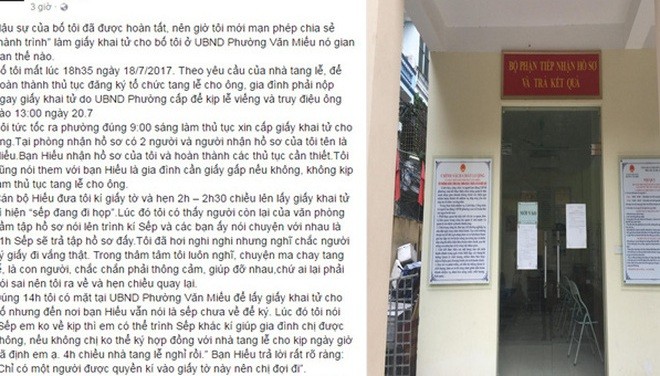Chị Vũ Thanh Hoa thể hiện sự bức xúc của mình trên facebook cá nhân vì phường chậm trễ trong cấp giấy khai tử cho cha mình (ảnh chụp màn hình facebook).