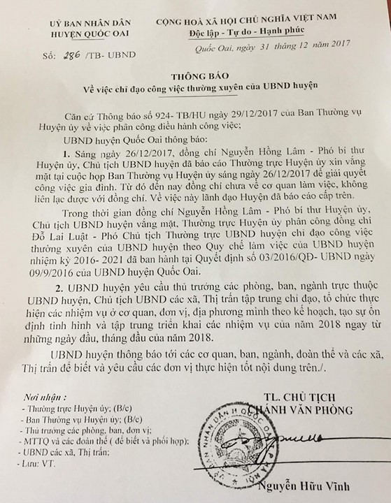 Thông báo của Ủy ban nhân dân huyện Quốc Oai, Hà Nội (ảnh nguồn báo Vietnamnet).