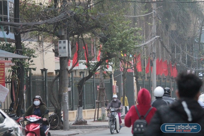 Cảnh dây điện, dây viễn thông như mạng nhện trên đường Ngô Thì Nhậm, quận Hà Đông (ảnh Trinh Phúc).