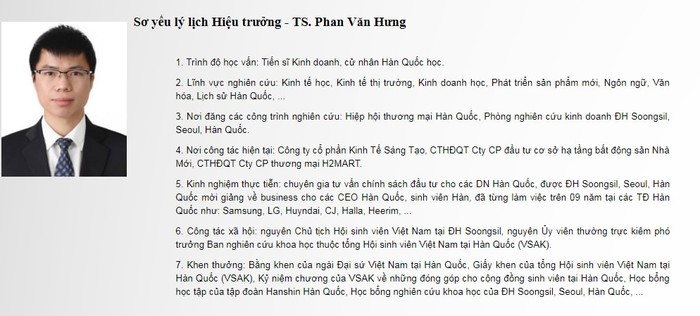 Danh xưng Hiệu trưởng của ông Phan Văn Hưng trên website của Học viện kinh tế sáng tạo (ảnh Bạch Đằng).