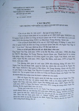 Sau 8 năm quan hệ lén lút với con gái, Ngân Văn Túp đã bị bắt. Theo cáo trạng của Viện kiểm sát huyện Quan Sơn (Thanh Hóa), vào khoảng thời gian từ cuối năm 2004 đến tháng 5/2011, Ngân Văn Túp (SN 1958, trú tại bản Khạn, xã Trung Thượng, huyện biên giới Quan Sơn, tỉnh Thanh Hoá) đã thường xuyên có hành vi “quan hệ” với con gái ruột của mình là chị Ngân Thị M. (SN 1983, cùng trú tại bản Khạn, xã Trung Thượng, là con gái thứ 2 của ông Túp với vợ) như vợ chồng. (Hình ảnh bản cáo trạng của Viện kiểm sát).