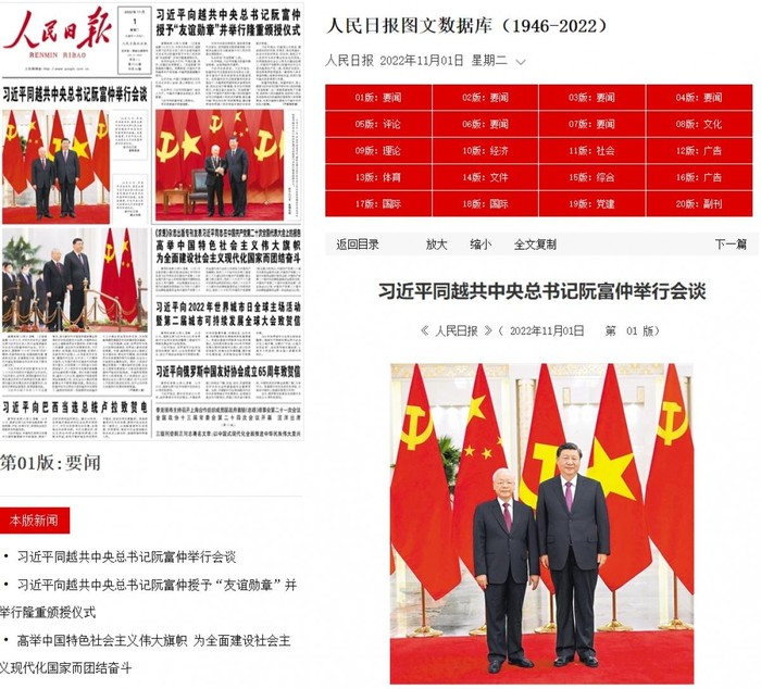 Hoạt động của Tổng Bí thư Nguyễn Phú Trọng được đăng trang trọng trên trang nhất của Nhân Dân nhật báo. Ảnh: vov.vn