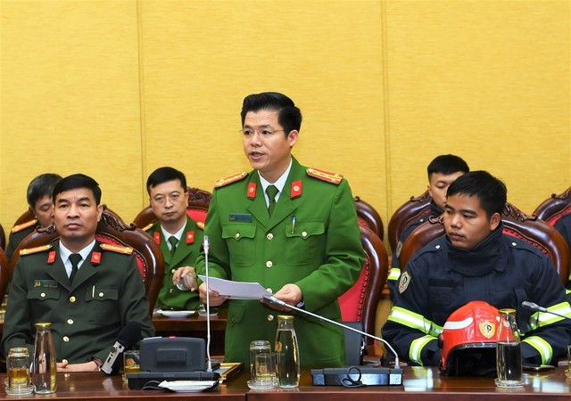 Đại tá Nguyễn Minh Khương, Phó Cục trưởng Cục Cảnh sát phòng cháy, chữa cháy và cứu nạn, cứu hộ, Trưởng Đoàn công tác phát biểu tại buổi Lễ.