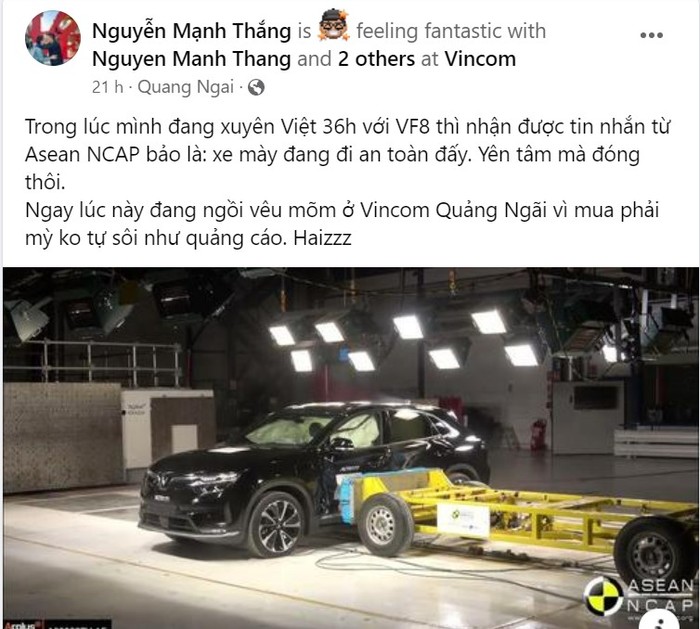 Anh Mạnh Thắng không quá bất ngờ khi biết tin VF 8 được ASEAN NCAP “chấm” 5 sao về mức độ an toàn. (Ảnh: FBNV)