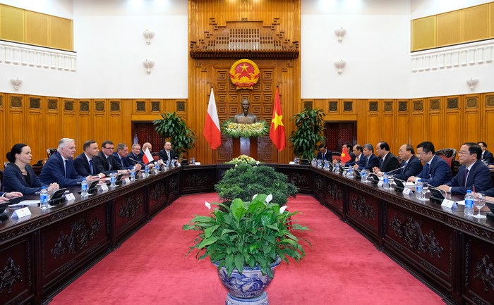 Thủ tướng Nguyễn Xuân Phúc nhìn nhận, quan hệ thương mại hai nước Việt Nam - Ba Lan tăng trưởng nhanh. Ảnh: VGP.
