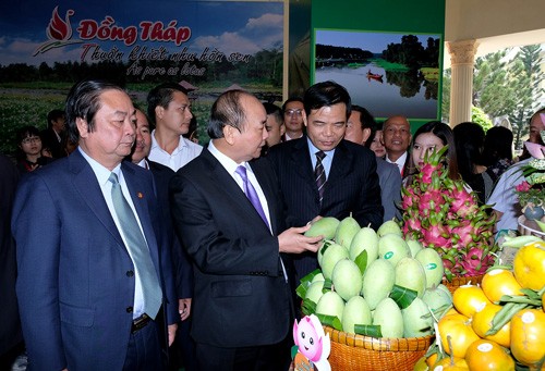 Thủ tướng thăm các gian hàng nông sản của tỉnh Đồng Tháp. Ảnh: VGP
