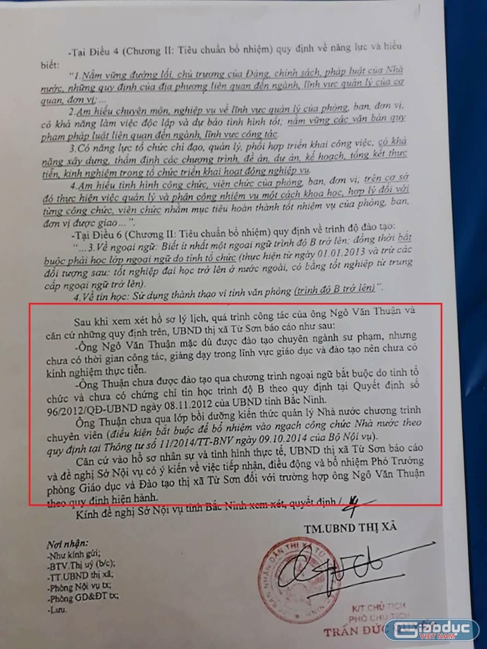 Báo cáo gửi Sở Nội vụ tỉnh Bắc Ninh nêu rõ, ông Ngô Văn Thuận thiếu nhiều tiêu chuẩn (ô vuông đỏ) theo quy định để giữ chức Phó Trưởng phòng Giáo dục và Đào tạo thị xã Từ Sơn. Ảnh: V.P