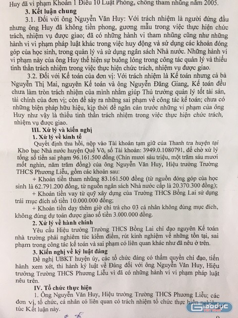 Kết luận của Ủy ban nhân dân huyện Quế Võ đã chỉ rõ những vi phạm pháp luật của ông Nguyễn Văn Huy - Hiệu trưởng Trường trung học cơ sở Phương Liễu. Ảnh: V.P