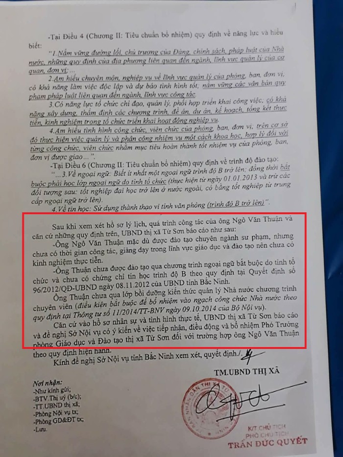 Văn bản xin ý kiến của Ủy ban nhân dân thị xã Từ Sơn gửi Sở Nội vụ tỉnh Bắc Ninh về việc bổ nhiệm ông Ngô Văn Thuận đã nói rõ ông Thuận thiếu tiêu chuẩn để bổ nhiệm (ô vuông đỏ). Ảnh: V.P