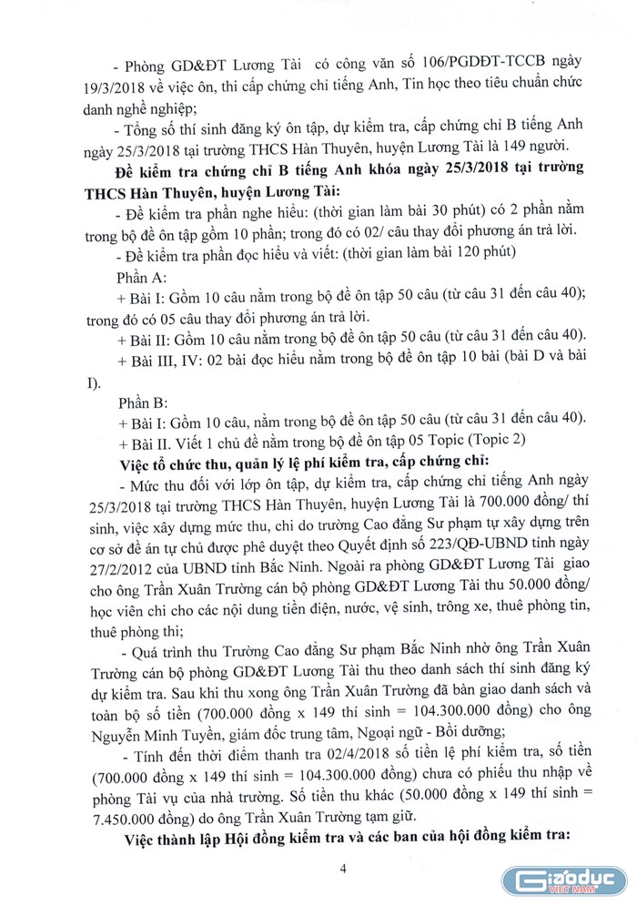 Kết luận thanh tra của Sở Giáo dục và Đào tạo Bắc Ninh chỉ rõ, hầu hết nội dung trong đề kiểm tra cấp chứng chỉ tiếng Anh trình độ B tại huyện Lương Tài có trong bộ đề ôn tập phát cho thí sinh. Ảnh: Chụp từ kết luận thanh tra.