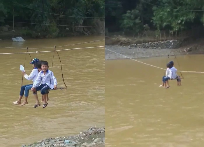 Hàng ngày một số học sinh Trường tiểu học Sập Xa đến trường bằng cách đi cáp treo qua suối rất nguy hiểm. Ảnh: Cắt từ video.