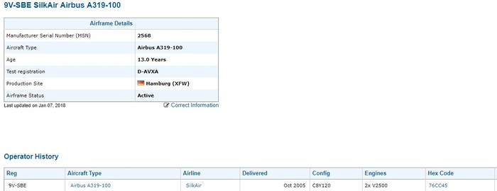 Chiếc Airbus A319 số xuất xưởng (MSN) 2568 có tuổi đời khoảng 13 năm. Ảnh: Chụp từ màn hình planespotters.