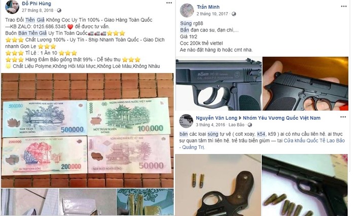 Mạng xã hội Facebook tiếp tay cho nhiều quảng cáo bán hàng như tiền giả, súng... vi phạm pháp luật Việt Nam nghiêm trọng, nhưng Facebook trì hoãn gỡ bỏ. Ảnh: Vũ Phương.