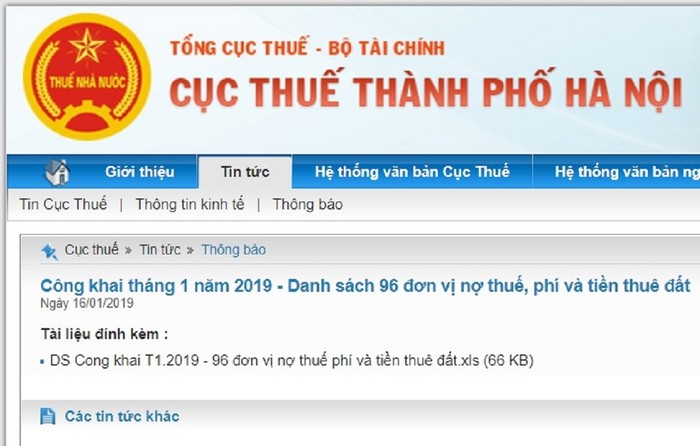 Cục Thuế Hà Nội công khai trên website danh sách 96 doanh nghiệp nợ thuế, phí, thuê đất đầu năm 2019. Ảnh: Chụp từ Cục thuế Hà Nội.