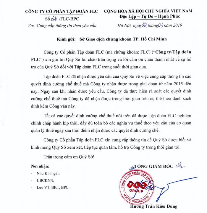 Văn bản Tập đoàn FLC gửi Sở giao dịch chứng khoán Thành phố Hồ Chí Minh. Ảnh: Chụp văn bản.