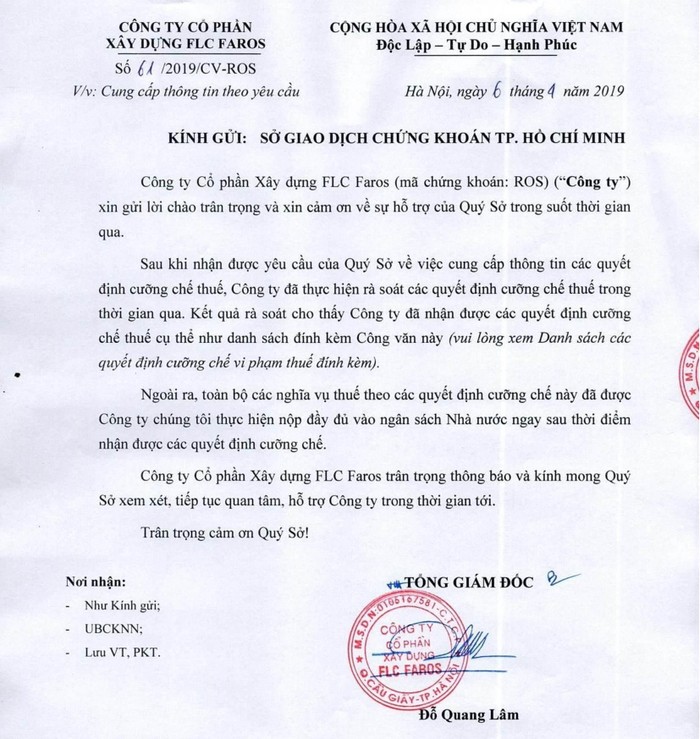 Văn bản FLC Faros gửi Sở Giao dịch chứng khoán Thành phố Thành phố Hồ Chí Minh kèm theo danh sách 31 quyết định cưỡng chế thuế. Ảnh: Chụp văn bản.