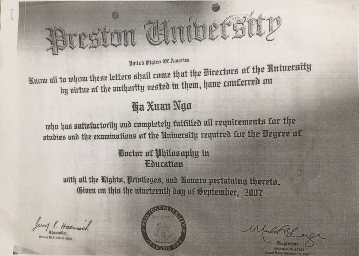 Bằng tiến sĩ của ông Ngô Xuân Hà được Trường đại học Preston cấp năm 2007. Tuy nhiên, Trường đại học Preston không được Mỹ công nhận. Ảnh: NVCC.