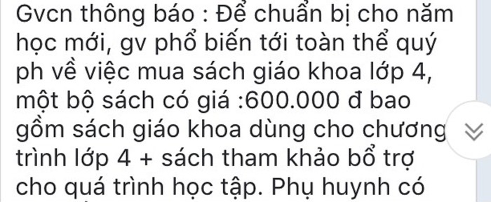 Thông báo của giáo viên chủ nhiệm Trường tiểu học Ninh Hiệp gửi nhóm kín phụ huynh đăng ký mua bộ sách 600.000 đồng. Ảnh: NVCC.