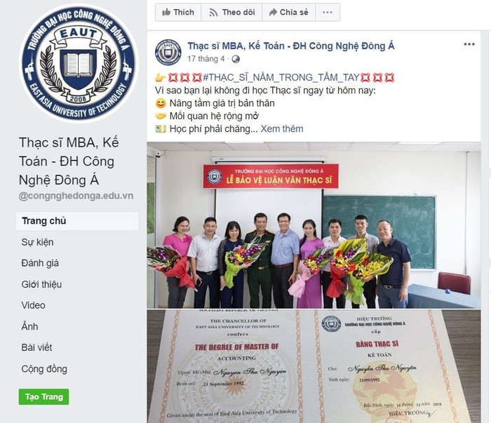 Một kênh mạng xã hội quảng cáo chương trình thạc sĩ kế toán của Đại học Công nghệ Đông Á. Ảnh chụp màn hình.