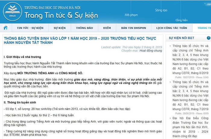 Thông tin tuyển sinh vào lớp 1 đăng trên website của Trường Đại học Sư phạm Hà Nội. Ảnh chụp màn hình.