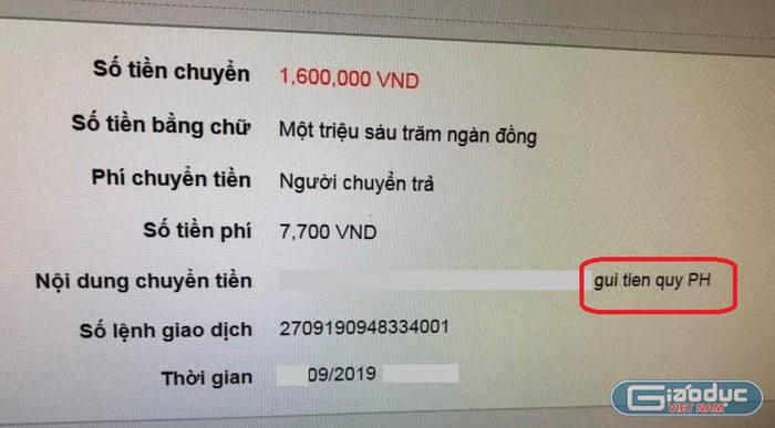Một phụ huynh lớp 1 Trường Tiểu học Kim Đồng nộp quỹ phụ huynh lớp (nội dung nộp khoanh đỏ) số tiền 1,6 triệu đồng kỳ 1 năm học 2019-2020. Ảnh: NVCC.