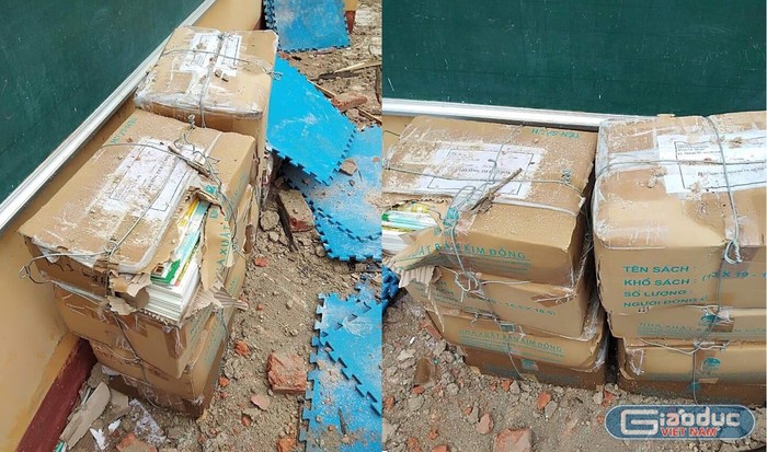 Hình ảnh những thùng sách đựng truyện tranh Phòng giáo dục phát cho trường, hiệu trưởng nhà trường không cho học sinh đọc mà để một góc kho khiến mưa nắng hỏng. Ảnh: NVCC.