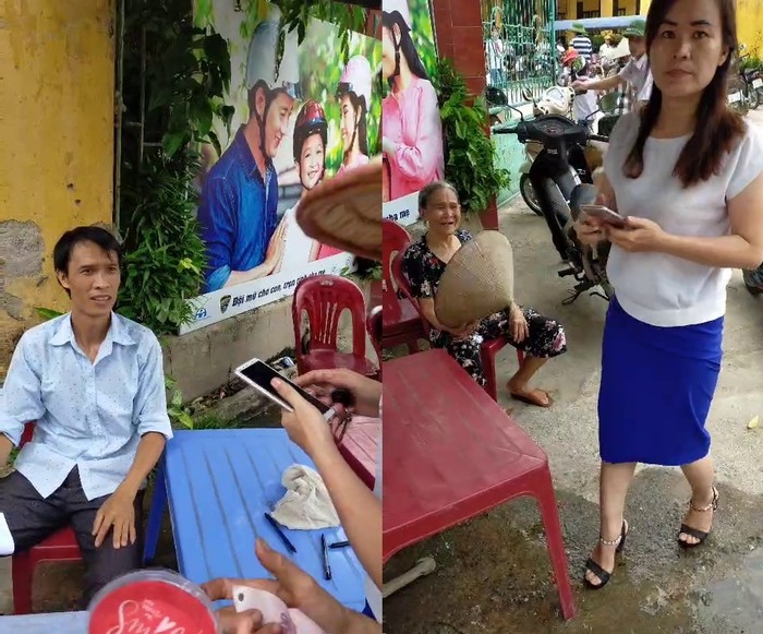 Phụ huynh bức xúc ngồi bên ngoài trường, Hiệu trưởng Nguyễn Thị Hương (bên phải) ra yêu cầu phụ huynh giải tán vì cho rằng họ gây mất trật tự. Ảnh: NVCC.