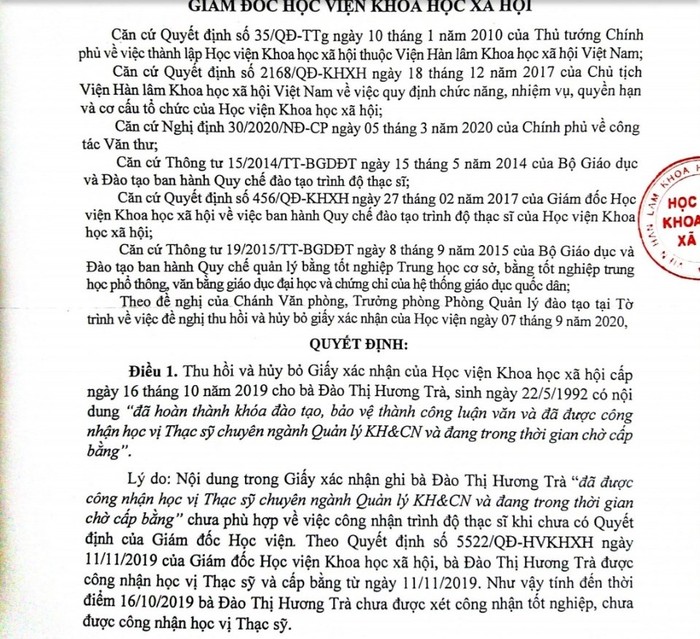 Giấy xác nhận của Học viện Khoa học Xã hội cấp cho bà Đào Thị Hương Trà bị hủy bỏ. Ảnh: Chụp công văn.