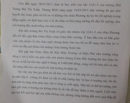 Trích phản ánh của chị Vũ Thị Hằng - người thân của em Vũ Trúc Phương việc bị yêu cầu rút học bạ (ảnh: T.Q)