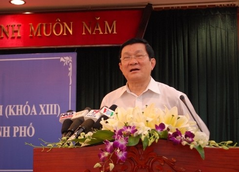 Chủ tịch nước Trương Tấn Sang phát biểu với các cử tri Q.3, TP.HCM (ảnh: T.Q)