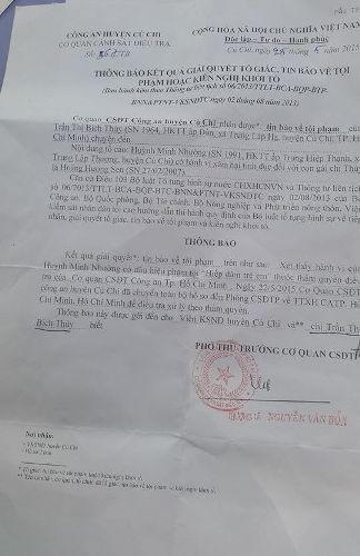 Thông báo số 567 ngày 25/5 của huyện Củ Chi về chuyển vụ việc sang PC 45 TP.HCM thụ lý (ảnh: T.Q)