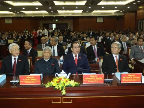 Tổng Bí thư Nguyễn Phú Trọng và các đồng chí nguyên lãnh đạo Đảng, Nhà nước tham dự buổi lễ (ảnh: BTC)