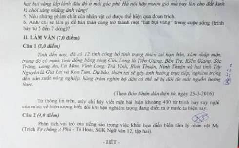 Trích đề thi học kỳ 2 môn Văn của khối lớp 12 tại Đồng Nai hôm 12/4 (ảnh: P.L)