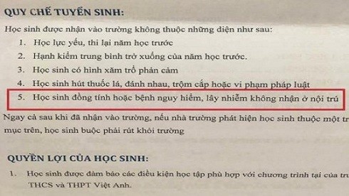 Quy chế tuyển sinh của Trường Việt Anh ghi rõ không nhận học sinh đồng tính ở nội trú.