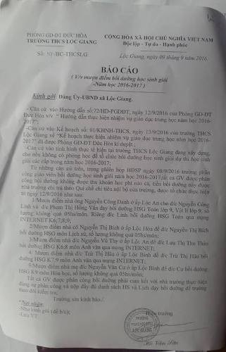 Văn bản báo cáo UBND xã Lộc Giang việc mượn phòng dạy bồi dưỡng học sinh giỏi của trường (ảnh: P.L)