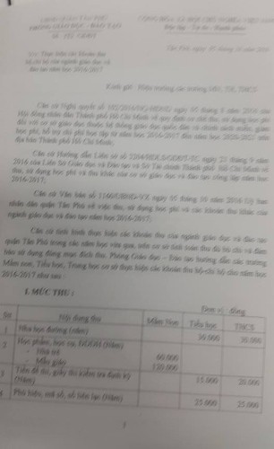 Trích văn bản số 788 về các khoản thu hộ, chi hộ trong nhà trường quận Tân Phú (ảnh: P.L)