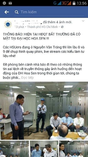 Một thông tin kêu gọi sinh viên Hoa Sen lên lầu 8, 9 quay phim, chụp hình trên mạng xã hội (ảnh: P.L)