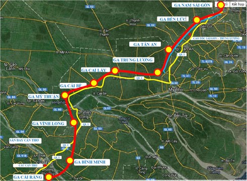 Bản đồ các nhà ga của đường sắt cao tốc từ Thành phố Hồ Chí Minh nối Cần Thơ (ảnh: CTV)