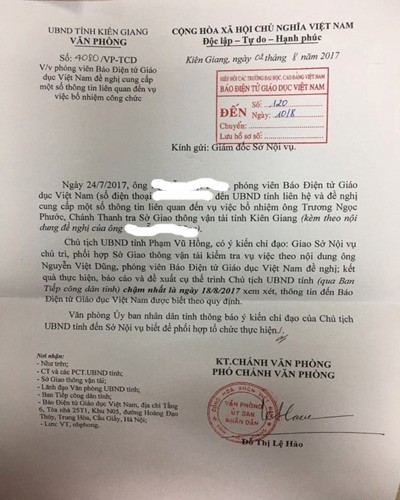 Văn bản 4080 của Văn phòng Ủy ban nhân dân tỉnh Kiên Giang gửi Báo Điện tử Giáo dục Việt Nam (ảnh: P.L)