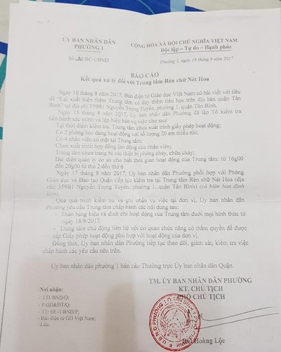 Báo cáo vi phạm của Trung tâm rèn chữ Nét Hoa từ Ủy ban nhân dân phường 1, quận Tân Bình (ảnh: P.L)