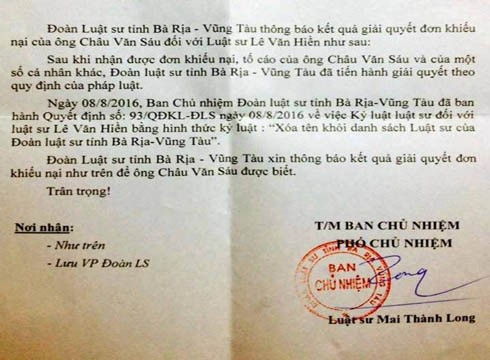 Thông báo quyết định xóa tên luật sư Lê Văn Hiền khỏi danh sách Đoàn luật sư tỉnh Bà Rịa - Vũng Tàu (ảnh: CTV)