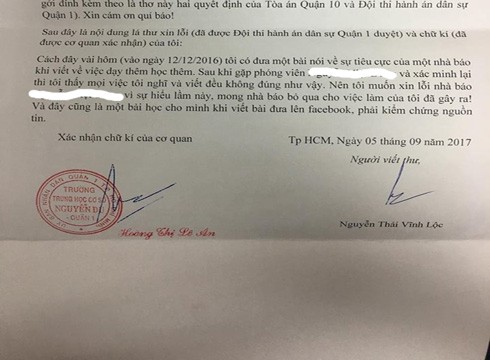 Trích thư xin lỗi của thầy Nguyễn Thái Vĩnh Lộc gửi tới phóng viên (ảnh: P.L)
