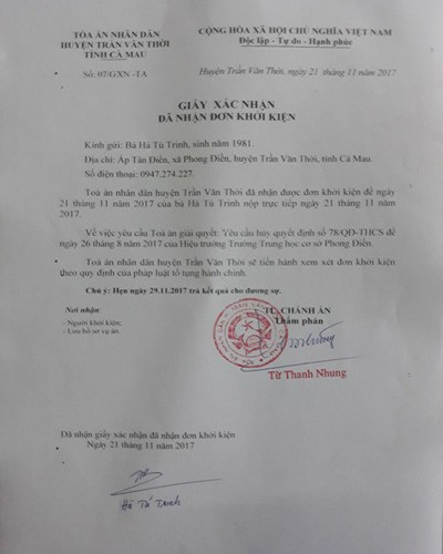 Giấy xác nhận đã nhận đơn khởi kiện của cô Trinh từ Tòa án nhân dân huyện Trần Văn Thời (ảnh: P.L)
