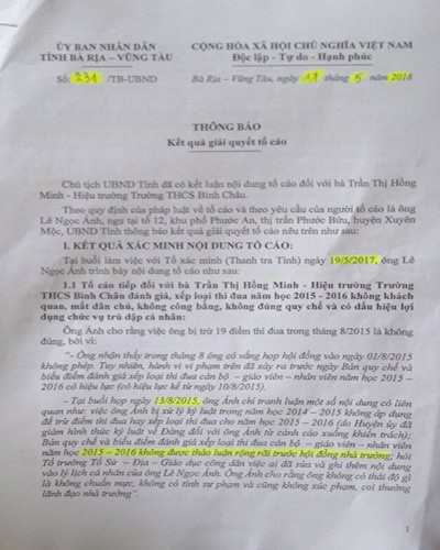 Thông báo 231 của Ủy ban nhân dân tỉnh Bà Rịa - Vũng Tàu về tố cáo của ông Ánh (ảnh: P.L)