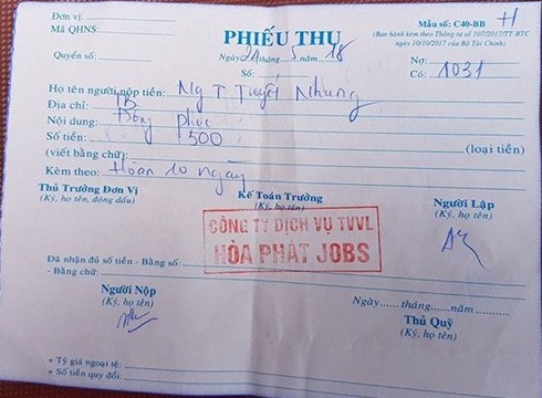 Phiếu thu tiền mà Hòa Phát jobs phát cho các nạn nhân khi đóng tiền (ảnh: P.L)