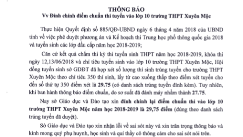 Trích thông báo 1151 của Sở Giáo dục và Đào tạo tỉnh Bà Rịa - Vũng Tàu (ảnh: P.L)
