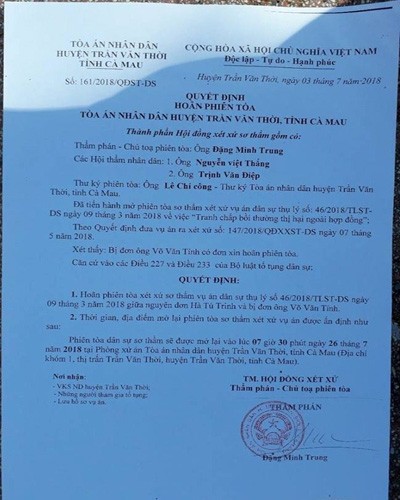 Quyết định 161 về việc hoãn phiên tòa xét xử vụ kiện dân sự của cô Hà Tú Trinh (ảnh: P.L)