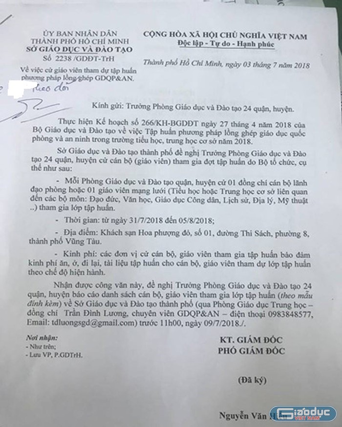 Văn bản 2238 do Phó Giám đốc Nguyễn Văn Hiếu ký ngày 3/7/2018 (ảnh: P.L)